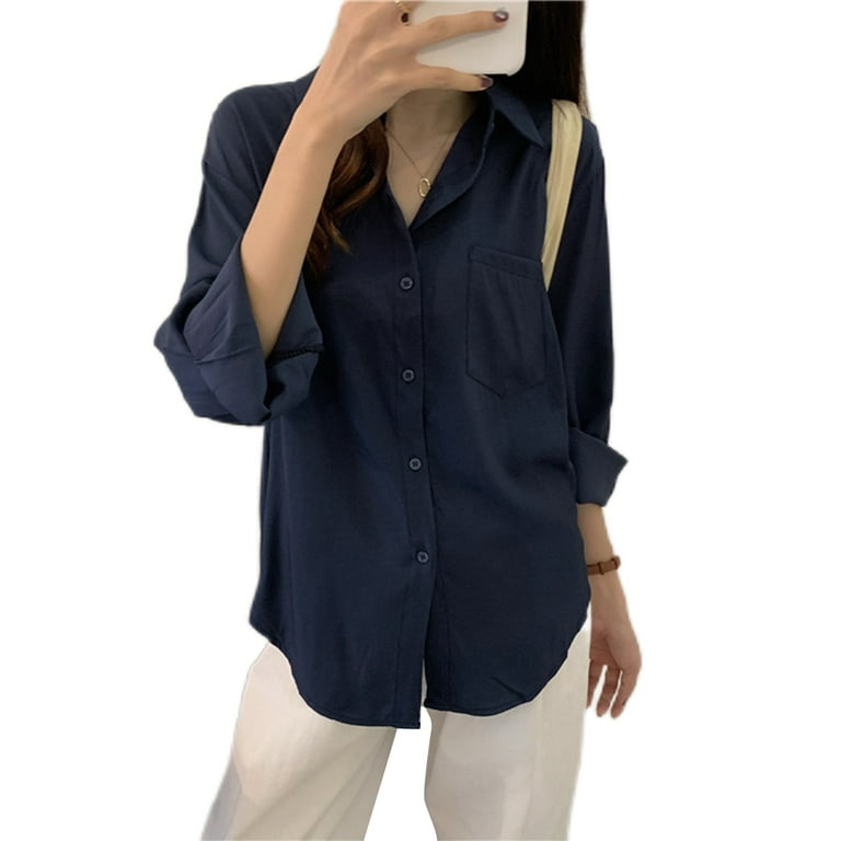 Frontwalk Ladies Baggy Lapel Neck Tunic Shirt Button Down Loose