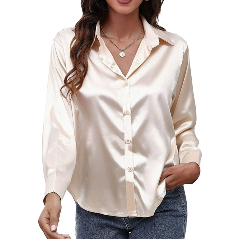 Frontwalk Ladies Tops Long Sleeve Blouse Button Down Shirts Office Plain  Tunic Shirt Lapel Neck Champagne L 