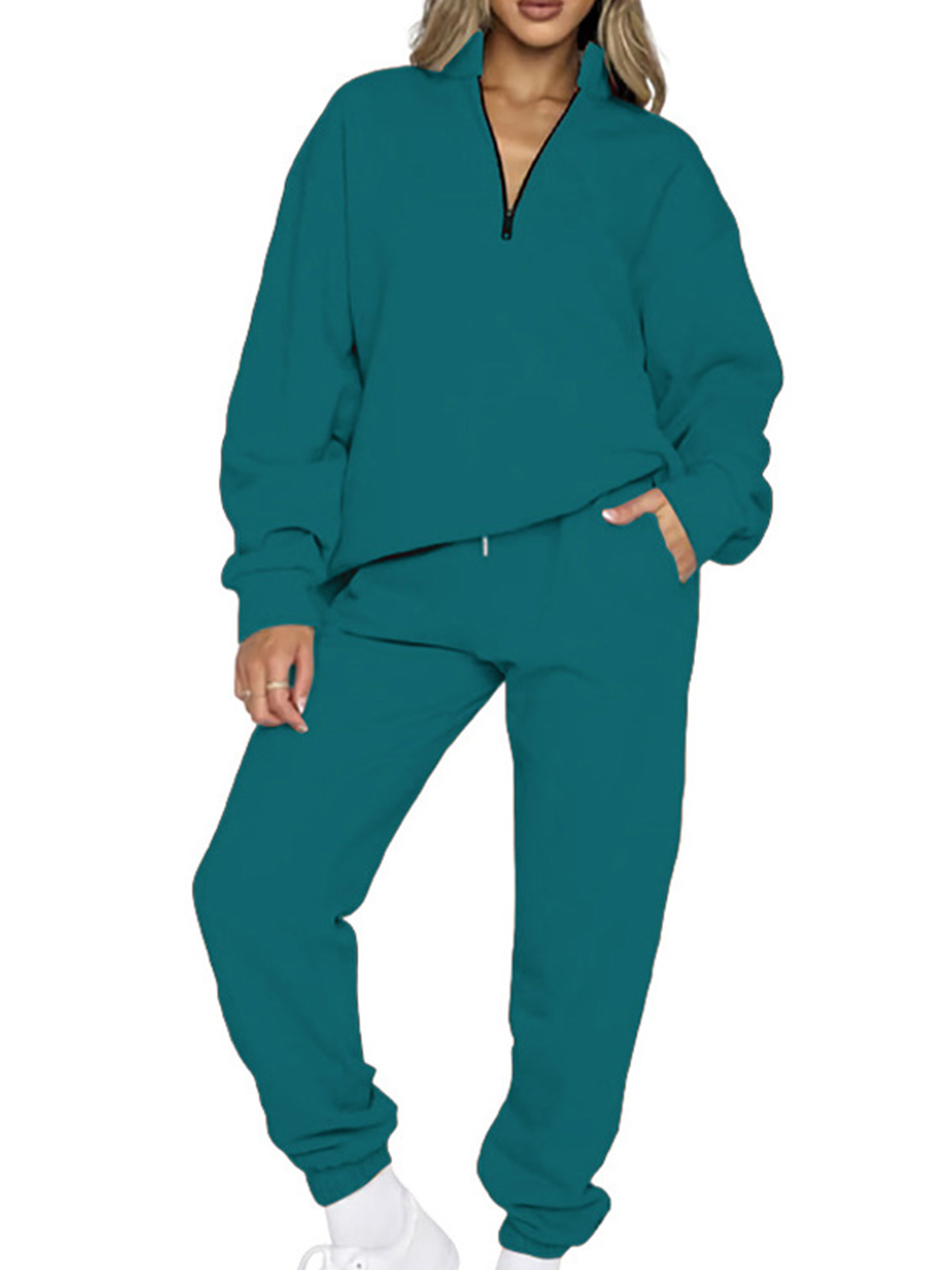 Frontwalk Ladies Tracksuit Set Solid Color Two Piece Outfit V Neck