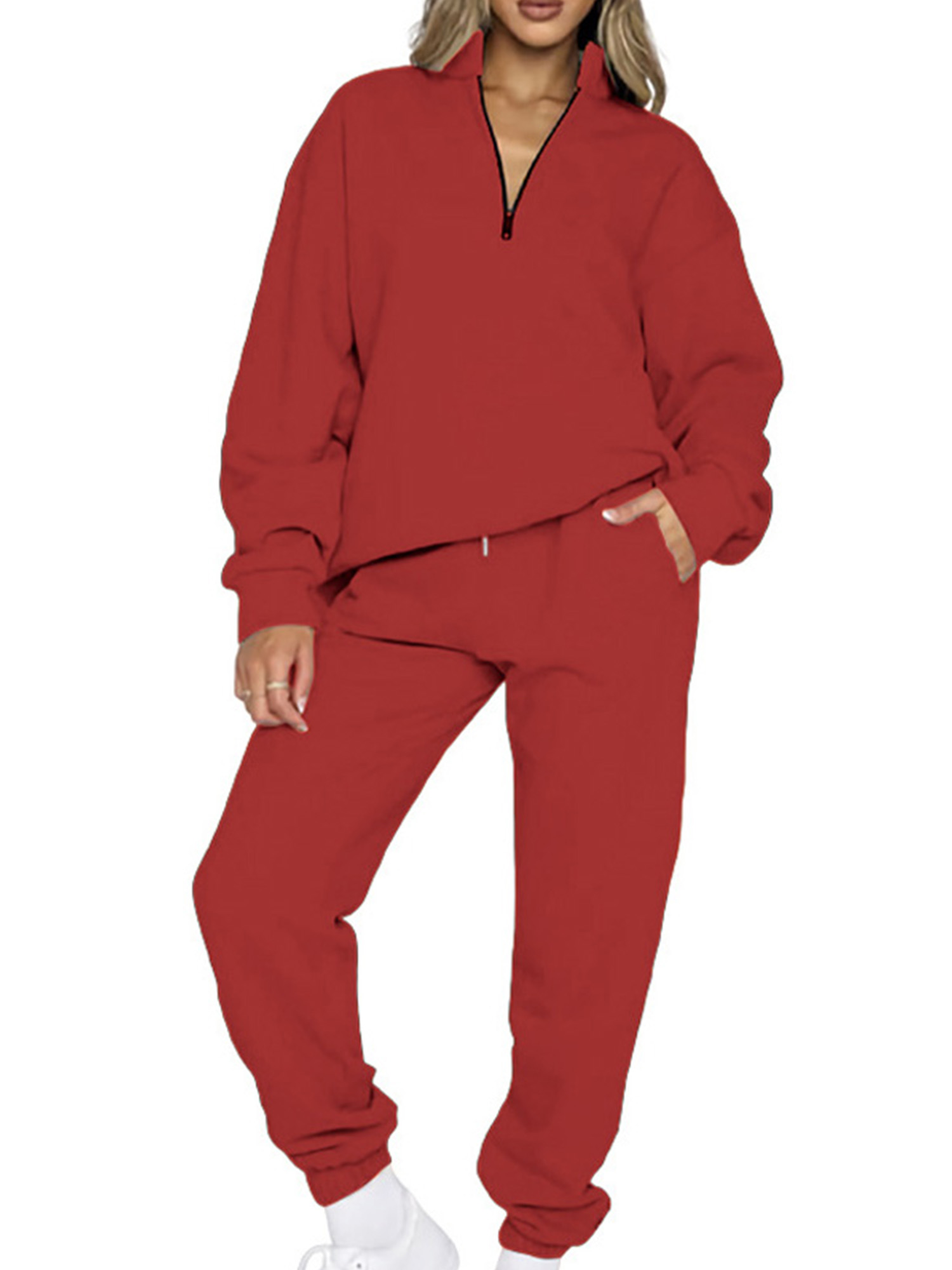 Frontwalk Ladies Tracksuit Set Solid Color Two Piece Outfit V Neck