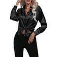 thumbnail image 1 of Frontwalk Ladies Tunic Tops Long Sleeve Blouse Lapel Shirts Women Satin Shirt Button Down Black XL, 1 of 5