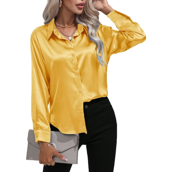 Frontwalk Ladies Tunic Tops Long Sleeve Blouse Lapel Shirts Women Satin Shirt Button Down Yellow M