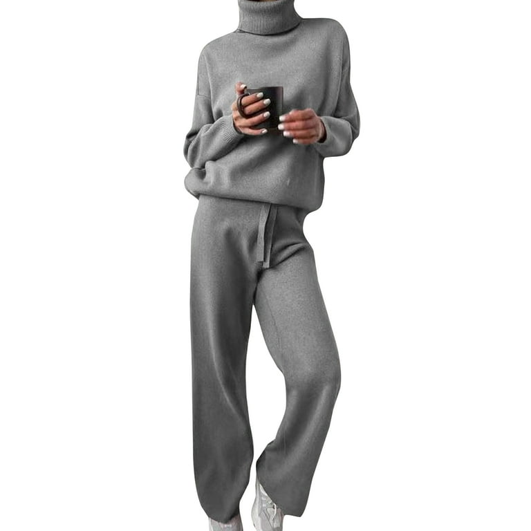 Frontwalk Ladies Two Piece Outfit High Neck Sweater Sets Long Sleeve Lounge  Set Party Baggy Sweatsuits Wide Leg Knit Outfits Gray 4XL 