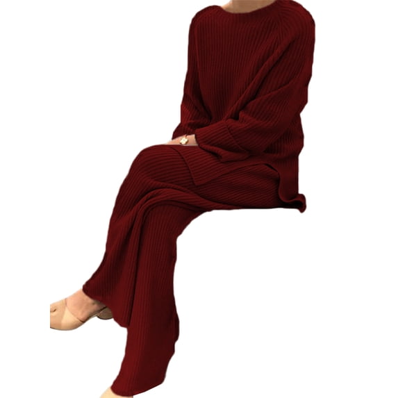 Frontwalk Ladies Two Piece Outfits Crew Neck Lounge Set Wide Leg Sweater Sets Women Elegant Pant And Sweaters Suit Long Sleeve Claret 2XL