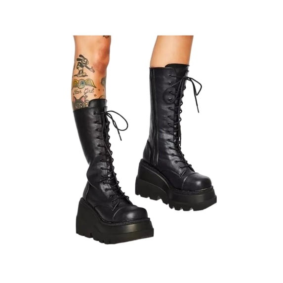 Frontwalk Ladies Winter Shoes Zipper Goth Punk Boots Wedges Platform Boot Work Gothic Women Chunky Zipper and Lace-up 9