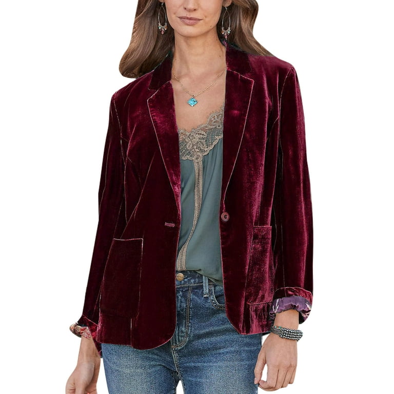 Frontwalk Ladies With Pockets Velvet Blazers Solid Color Single-breasted  Business Jackets Women Button Down Open Front Cardigan Jacket Claret XXL 