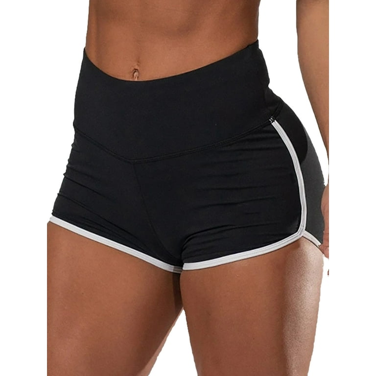 Frontwalk Ladies Workout Sport Short Pants Ruched Yoga Shorts Elastic Waist  Bottoms Volleyball Summer Mini Trousers Contrast Trim Leggings Black M 