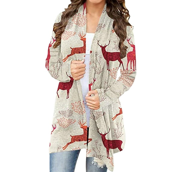 Frontwalk Ladies Xmas Cardigan Sweater Long Sleeve Blouses Tops Buffalo Plaid Christmas Cardigans Women Loose Outwear Open Front Deer 2XL