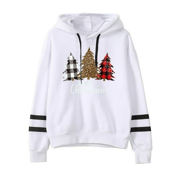Frontwalk Ladies Xmas Hooded Sweatshirts Long Sleeve Pullover Letters Print Christmas Hoodies Women Casual Jumper Tops Tree Hoodie Sweatshirt White 2XL