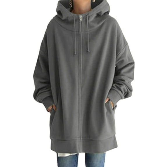 Frontwalk Plus Size Sweatshirts for Women Casual Zip Up Hoodies Tunic Long Jacket Outerwear with Pockets Grey M