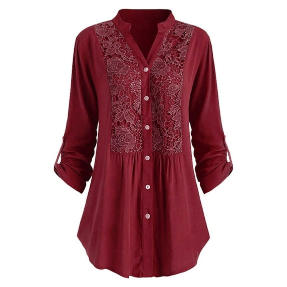 Frontwalk Long Sleeve Dressy Blouse for Women Elegant Button Lace V Neck Shirt Blouses for Work Office Tops