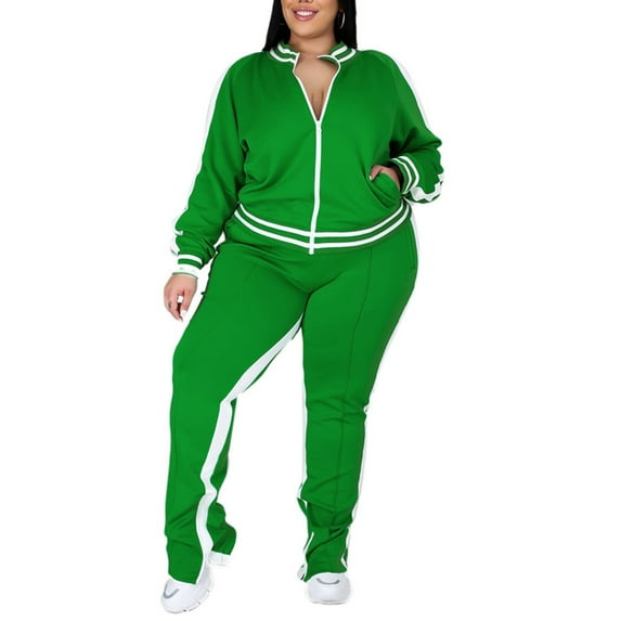Frontwalk Long Sleeve Jogging Set For Women Sport Casual Gym Jacket+Sweatpants Jogger Suit Ladies Oversized Tracksuit Set Size L-5XL Green XXXXXL
