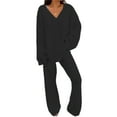 thumbnail image 1 of Frontwalk Long Sleeve Lounge Sets for Women Fleece Sleepwear Set V-Neck Pullover Tops Wide Leg Palazzo Pant Elastic Waist Fall Warm Pajamas Two Piece Outfit, 1 of 3
