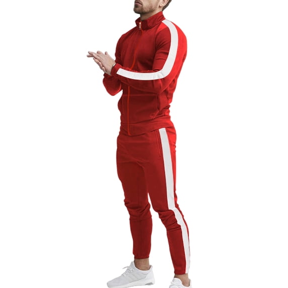 Frontwalk Men 2 Piece Jogging Set Stand Collar Tracksuit Long Sleeve Sweatsuits Mens Active Sweatshirt And Sweatpants Zip Up Jogger Sets Red White L