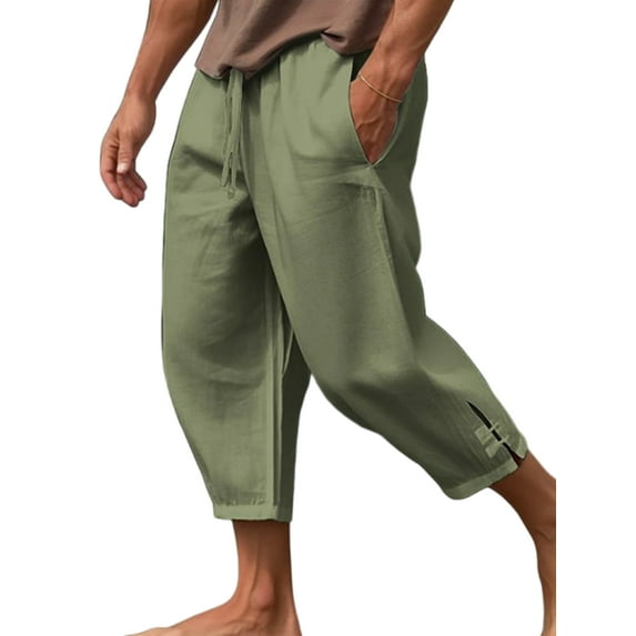 Frontwalk Men Crop Pant Drawstring Pants Elastic Waist Capris Mens Lightweight Bottoms Trousers Green 2XL