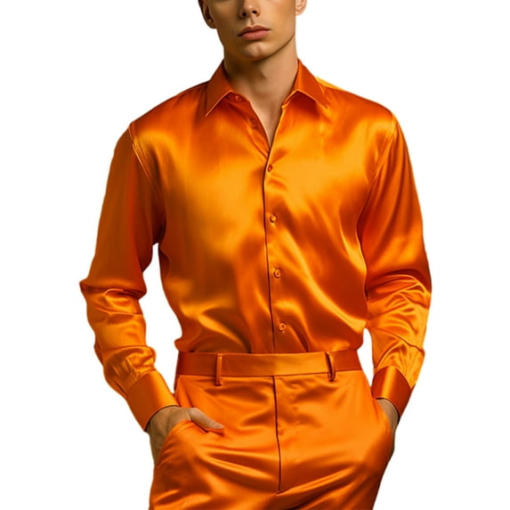Frontwalk Men Dress Shirt Glossy Tops Luxury Mens Slim Fit Satin Silk Orange XL