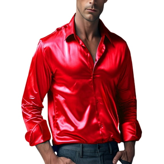 Frontwalk Men Dress Shirt Glossy Tops Luxury Mens Slim Fit Satin Silk Red L