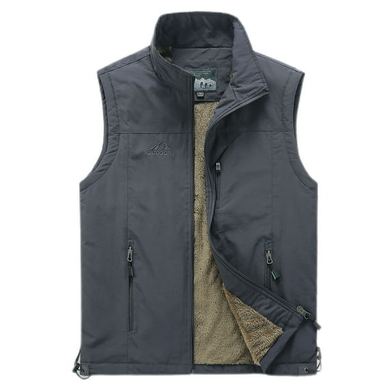 Frontwalk Men Fleece Sherpa Lined Winter Waistcoats Zipper Pockets Sleeveless Stand Collar Warm Jacket Coat Grey M
