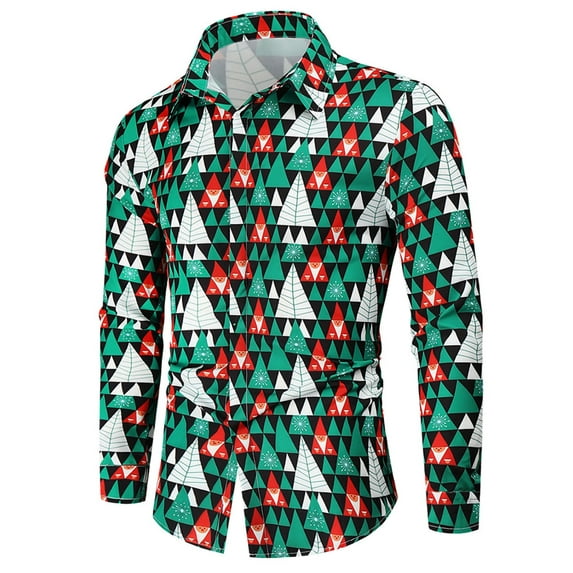 Frontwalk Men Shirts Long Sleeve Tunic Shirt Lapel Neck Tops Mens Xmas Blouse Christmas Print Style H S