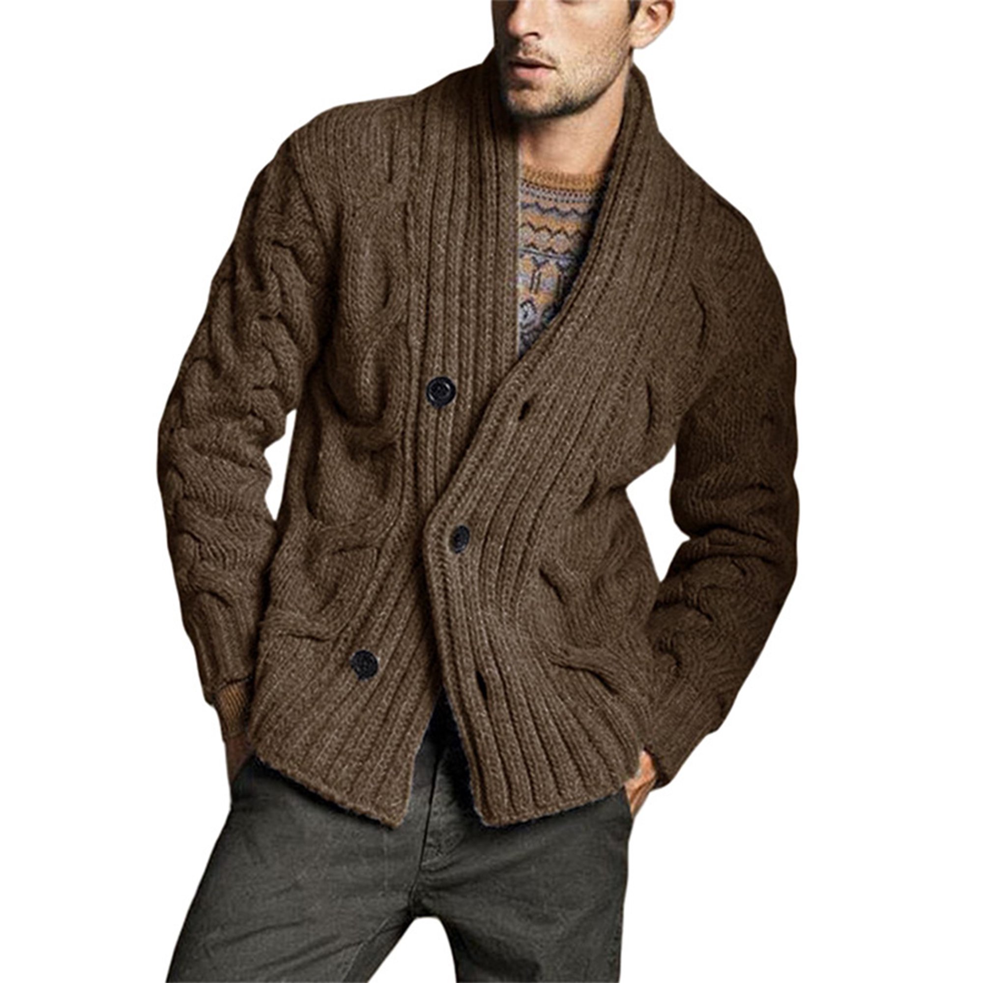 Frontwalk Men Slim Fit V Neck Cardigan Sweater Solid Color Shawl Collar Plain  Sweaters Long Sleeve Cable Knitted Jackets Brown M - Walmart.com