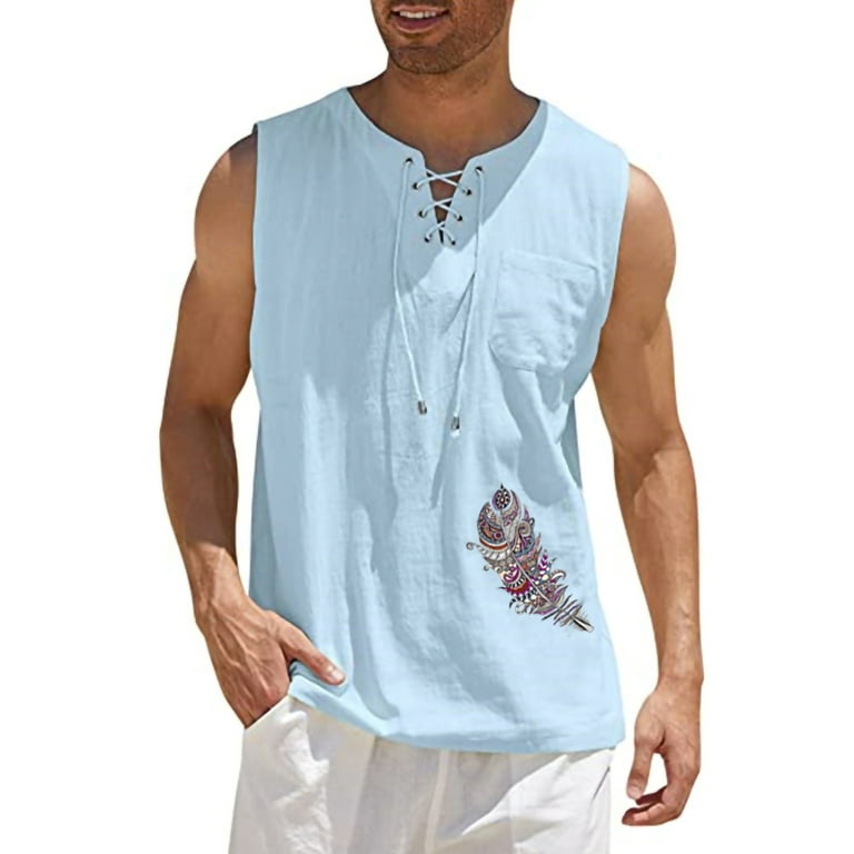 Frontwalk Men Summer Baggy Hollow T shirt Feather Print Bandage