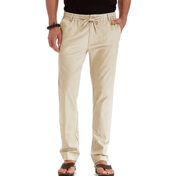 Frontwalk Men Summer Casual Elastic Waist Pants Straight Leg Fitted Trousers Solid Color Yoga Loungewear with Pockets Light Khaki XL