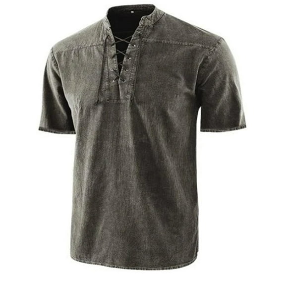 Frontwalk Men T Shirt Short Sleeve Summer Shirts Turn Down Collar Tops Mens Casual Blouse Lace UP Tee Grey 4XL