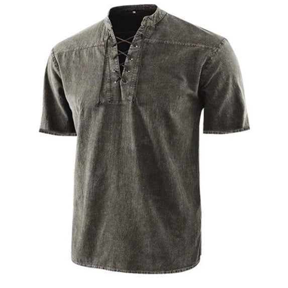 Frontwalk Men T Shirt Short Sleeve Summer Shirts Turn Down Collar Tops Mens Casual Blouse Lace UP Tee Grey S