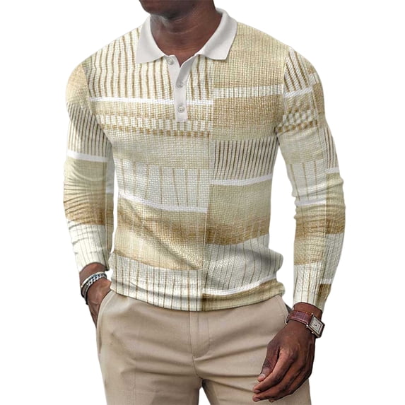 Frontwalk Men T Shirts Geometric Print Polo Shirt Lapel Neck Tee Business Color Block Pullover Long Sleeve Fall Tops Style L 4XL