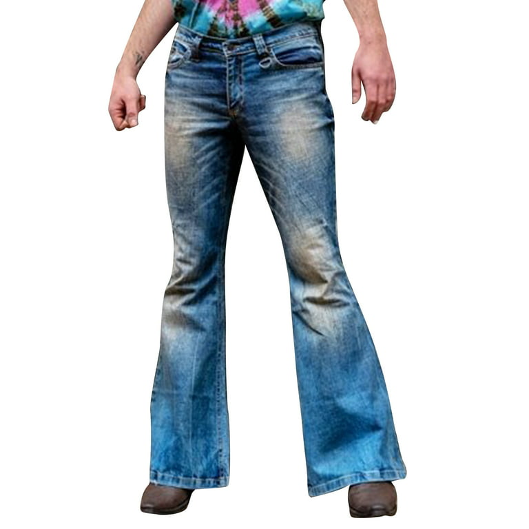 Frontwalk Men Vintage 60s 70s Bell Bottom Stretch Fit Classic Denim Jeans  Flared Flares Retro Leg Disco Denim Pants