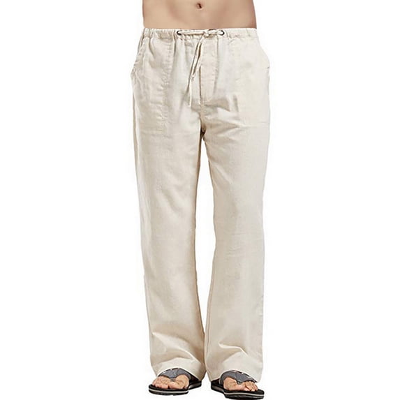 Frontwalk Men's Cotton Linen Pants Elastic Waist Drawstring Long Pants Casual Loose Pant with Pockets