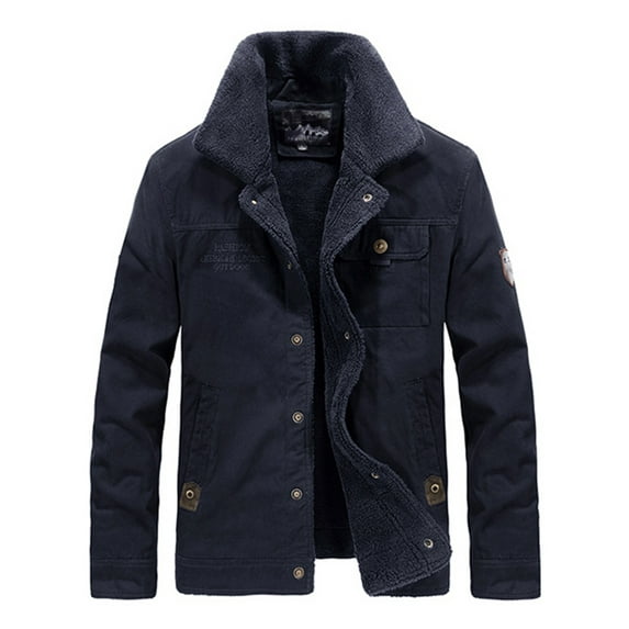 Frontwalk Men's Military Coat Long Sleeve Sherpa Trucker Jacket Lapel Denim Jackets Office Fluffy Outwear Fleece Lined Deep Blue 4XL