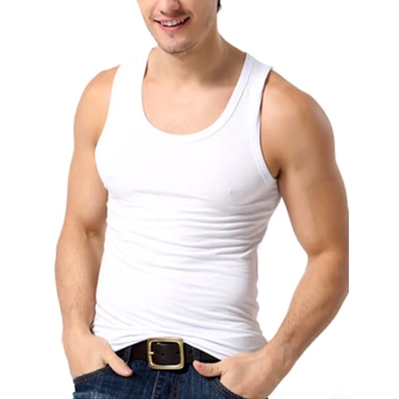 Frontwalk Men's Muscle Shirts Sleeveless Summer Tops Crew Neck Tank Men Elastic Tee Solid Color T-shirt White 3XL