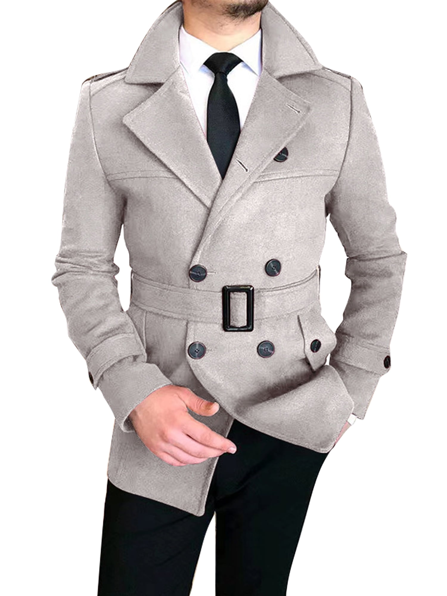 Mens Woolen Jacket Double Breasted Military Officer Trench Coat Outwear  Overcoat