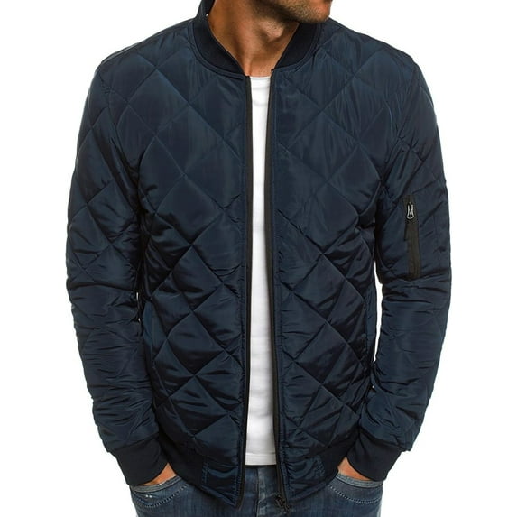 Frontwalk Men's Quilted Jacket Long Sleeve Coat Zip Up Bomber Jackets Men Warm Outwear Diamond Navy Blue M