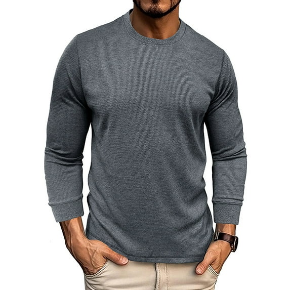 Frontwalk Men's Tops Long Sleeve T Shirts Waffle T-shirt Mens Regular Fit Basic Tee Crew Neck Pullover Dark Gray XL