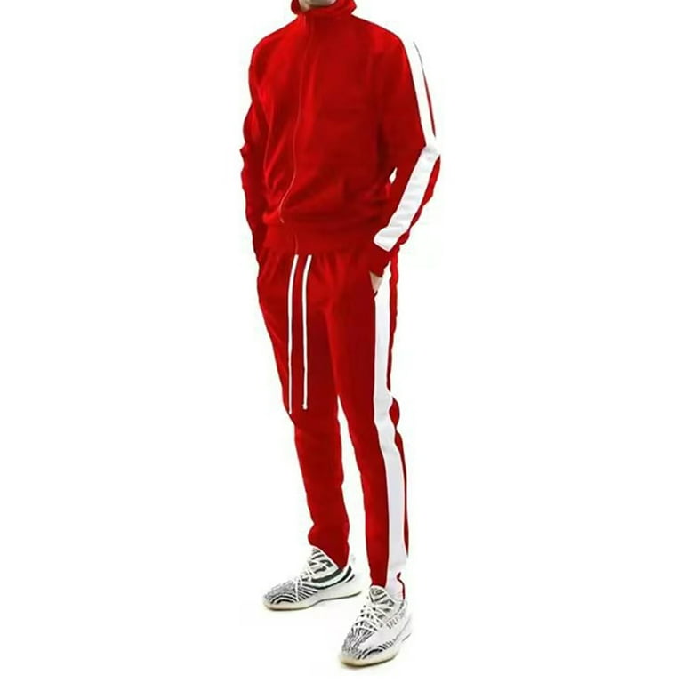 Frontwalk Mens 2 Pieces Tracksuit Sweatsuit Set Casual Zipper  Sweatshirts+Pant Outfits Long Sleeve Running Jogging Suit Red 3XL 