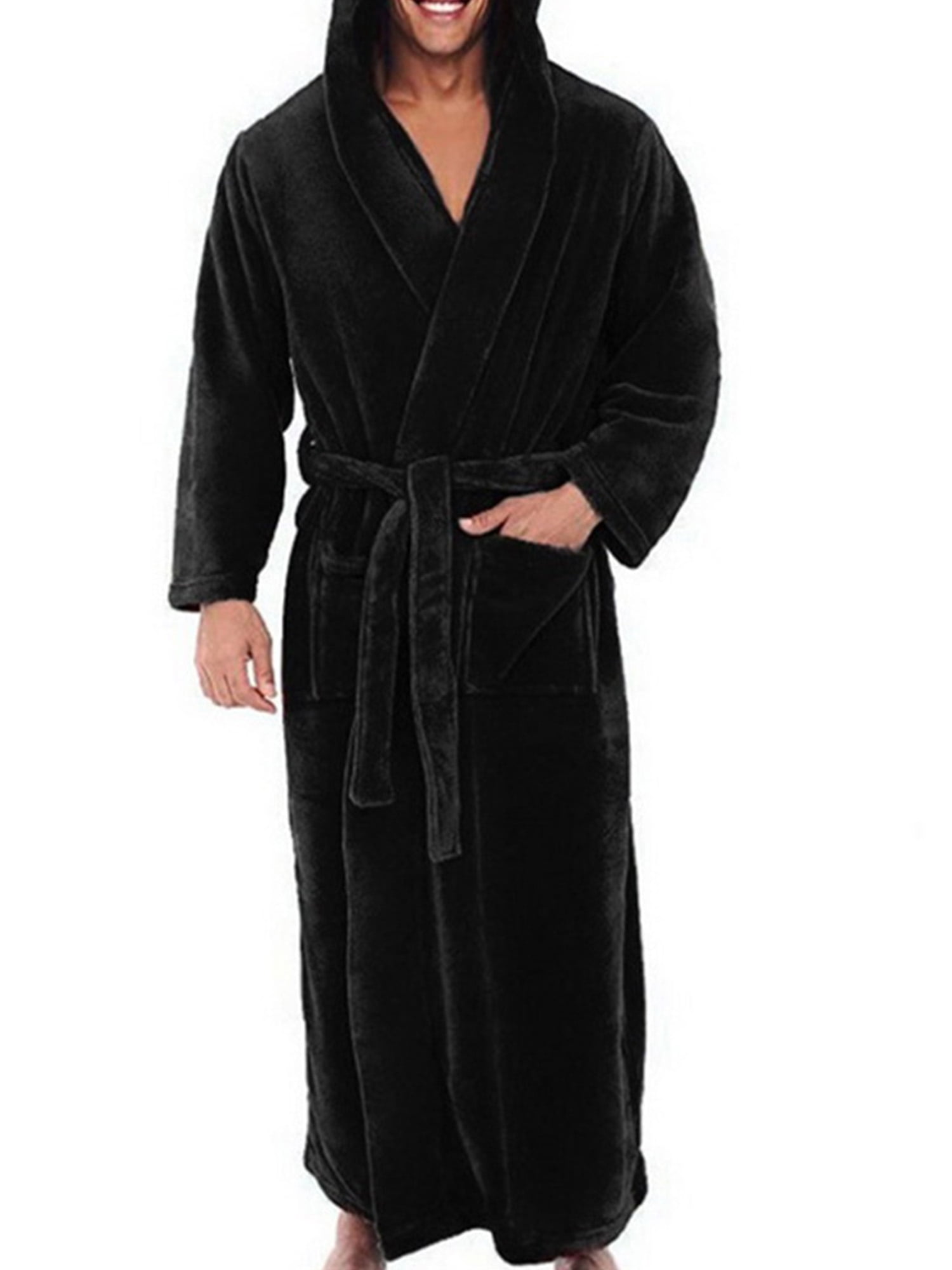 Frontwalk Mens Bath Robes Long Sleeve Wrap Robe Hooded Dressing Gown Winter Stitching Towelling