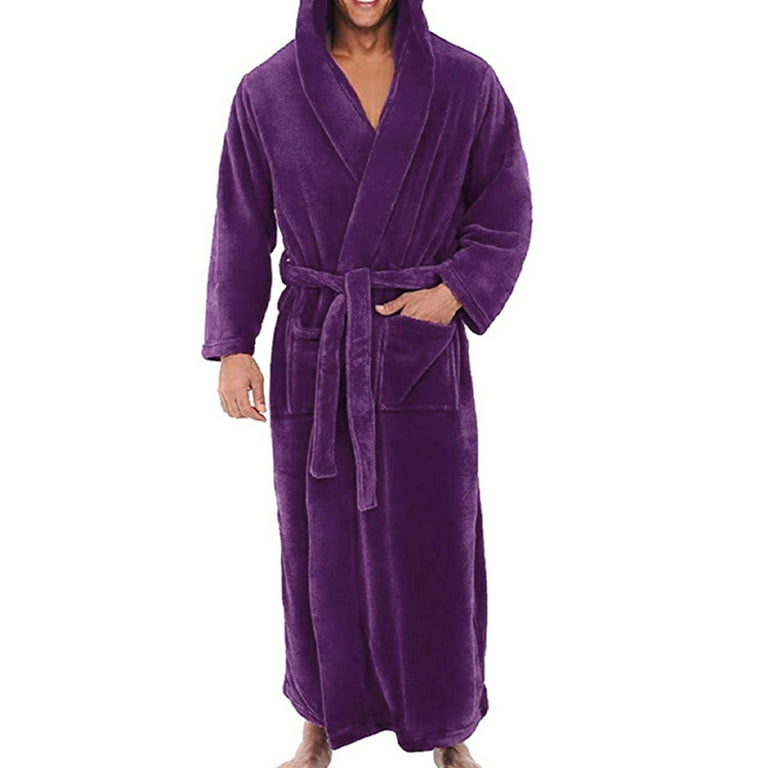 Frontwalk Mens Bath Robes Long Sleeve Wrap Robe Hooded Dressing Gown Winter Stitching Towelling Solid Color Nightwear Purple 3XL