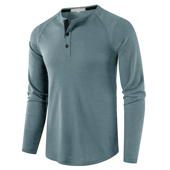 Frontwalk Mens Casual Long Sleeve Blouse Waffle Loose Fit T-shirt Solid Color Holiday Basic Tee Light Blue M