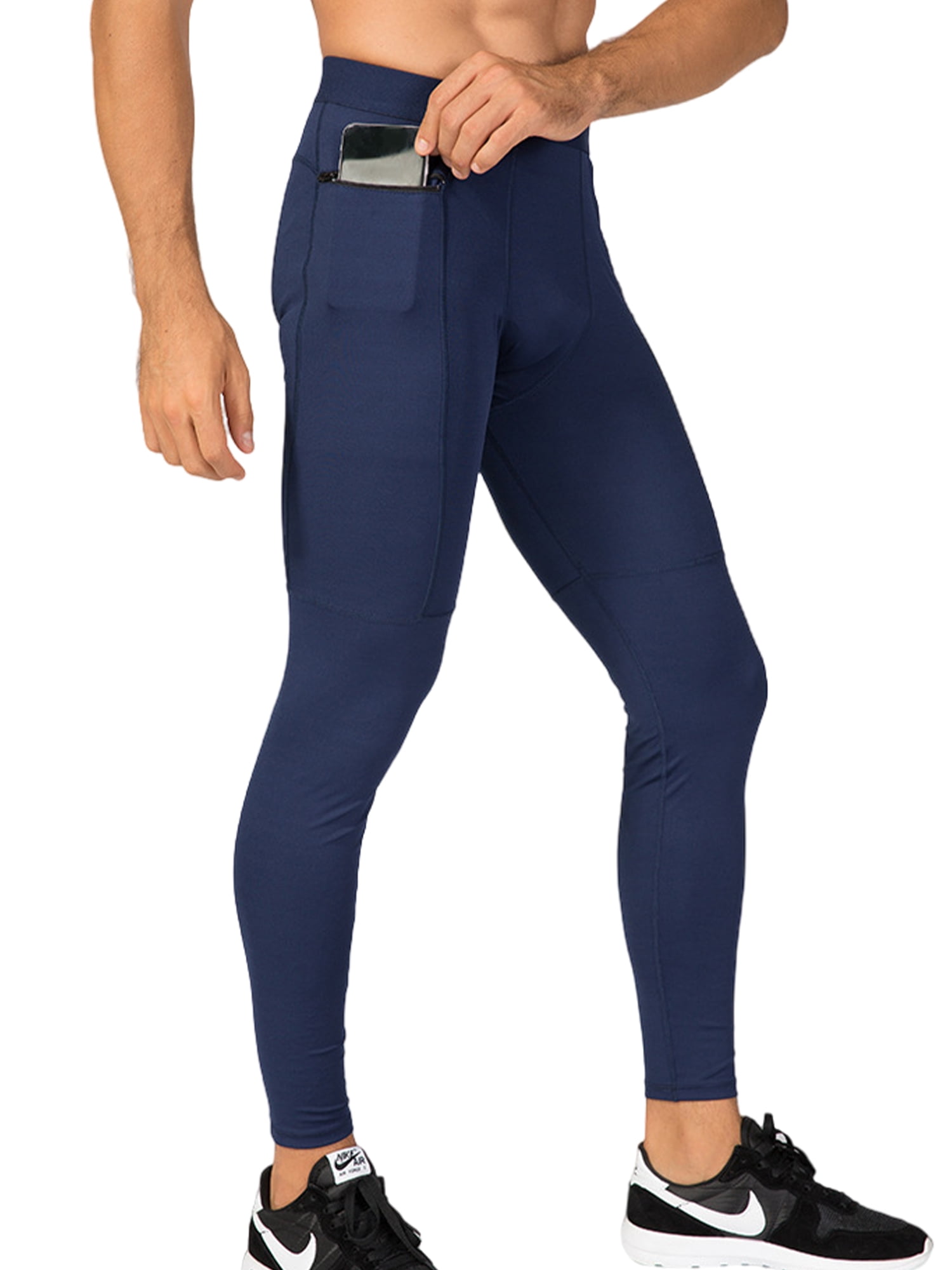 Frontwalk Mens Compression Pants High Waisted Leggings Cool Dry Tights  Running Athletic Sport Pant Elastic Waist Base Layer Navy Blue M