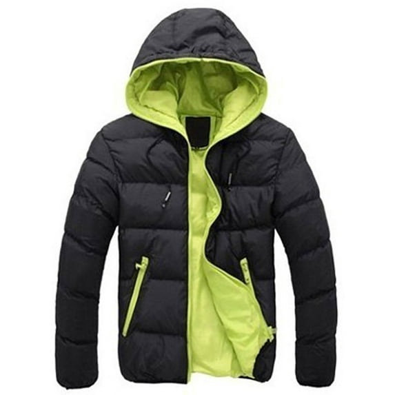 Frontwalk Mens Hooded Neck Zipper Down Coats With Pockets Thermal Puffer Jacket Men Round Hem Outdoor Overcoats Black Green L