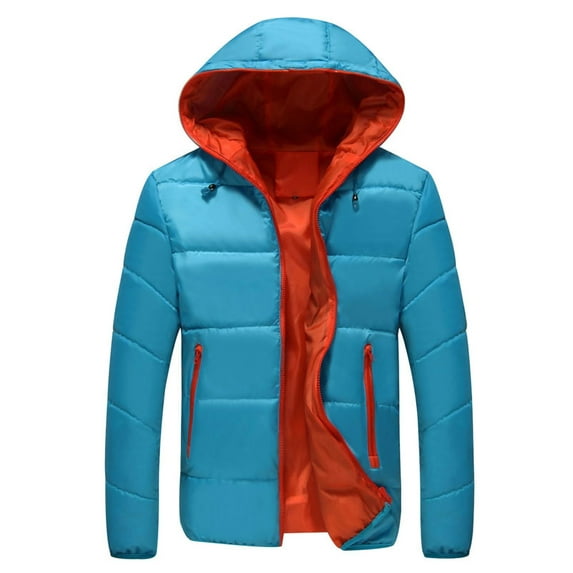 Frontwalk Mens Hooded Neck Zipper Down Coats With Pockets Thermal Puffer Jacket Men Round Hem Outdoor Overcoats Sky Blue Orange XL