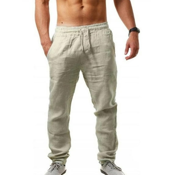 Frontwalk Mens Linen Solid Color Long Pant Hip Hop Style Plain Bottoms Men Drawstring Holiday Trousers