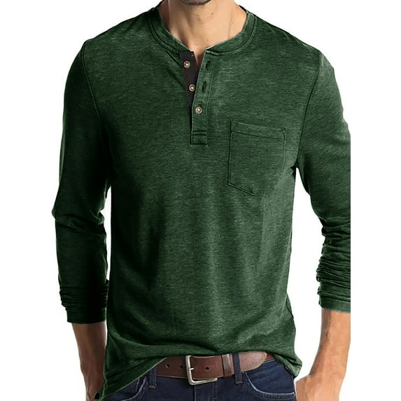 Frontwalk Mens Loose Fit Solid Color Tops Front Pocket Plain Basic Tee Henley Autumn T Shirts Green L