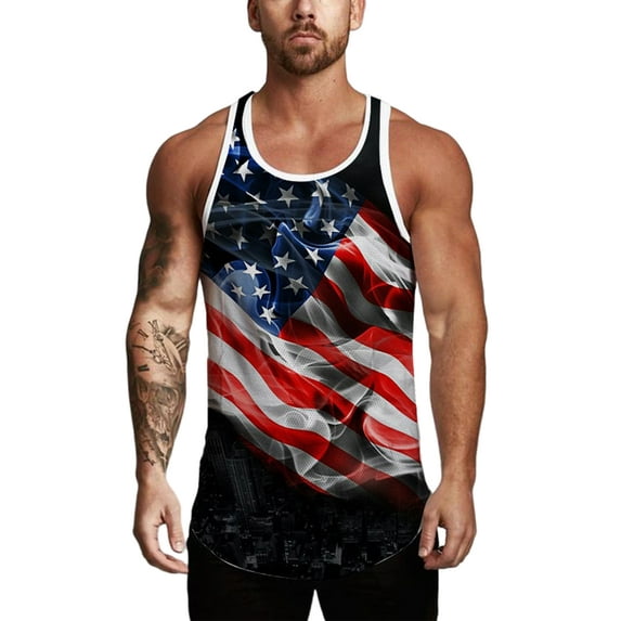 Frontwalk Mens Muscle Shirts Crew Neck Tank Tops Sleeveless Summer Gym Breathable T-shirt American Flag Print Tee Style G 5XL