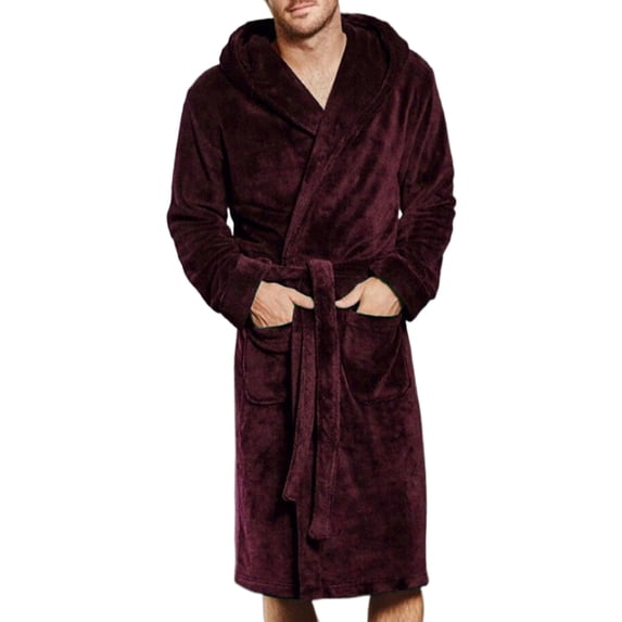 Frontwalk Mens Nightwear Hooded Wrap Robe Hoodie Dressing Gown Lounge Soft Bath Robes Solid Color Towelling Red XL