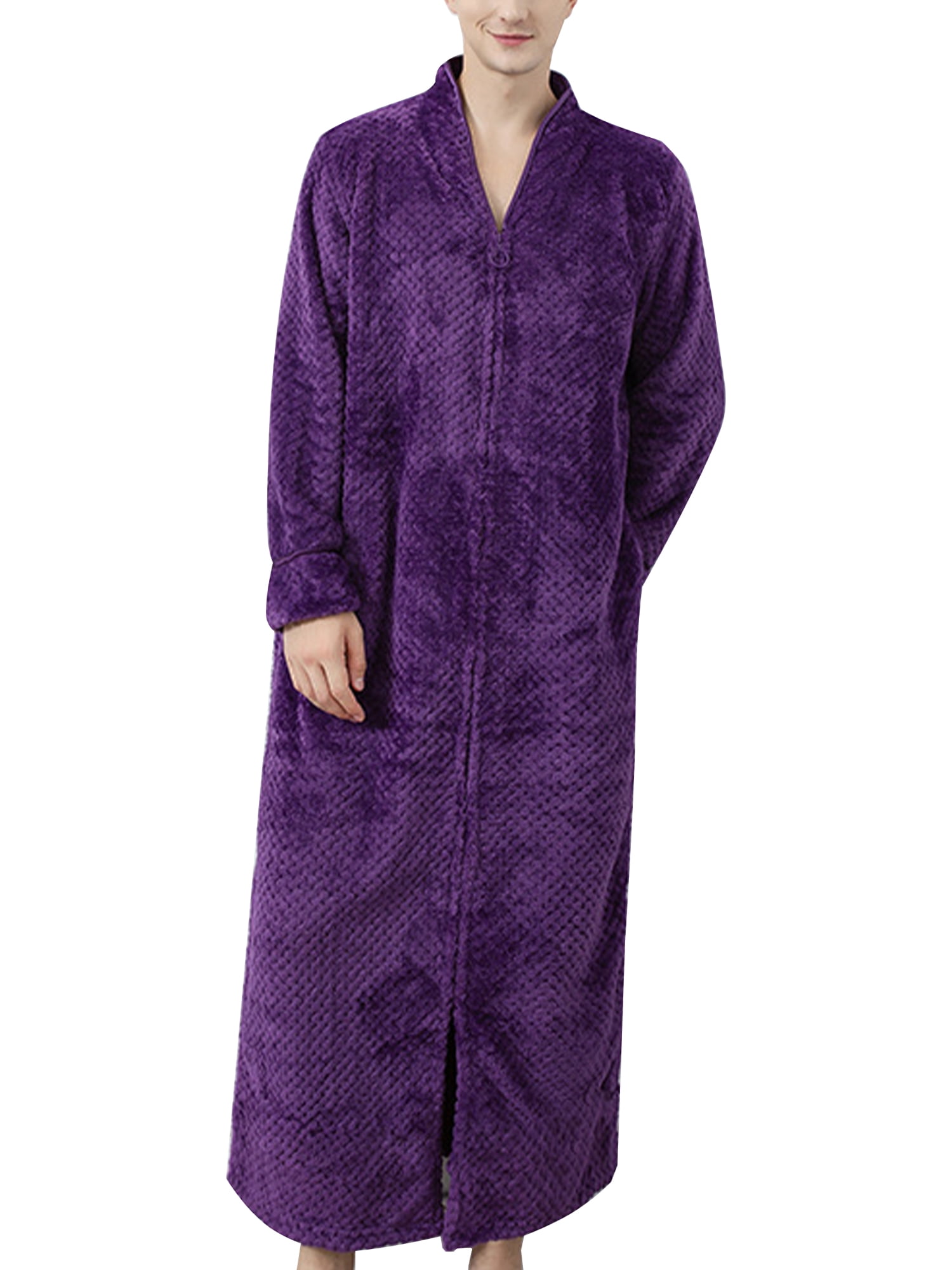 Frontwalk Mens Plush Flannel Zip Up Robes Zipper Lounger Robe Bathrobe