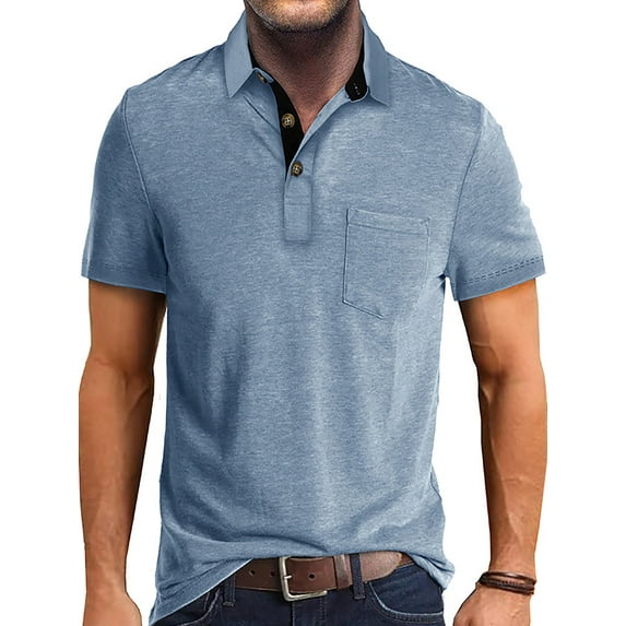 Frontwalk Mens Polo Shirt Short Sleeve T Shirts Button Summer Tops Men Classic Fit Tee Lapel Neck Pullover Light Blue L