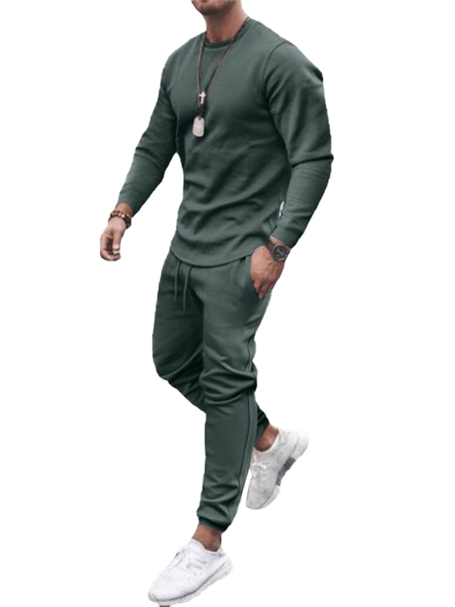 Frontwalk Mens Slim Fit With Pockets Jogger Suit Long Sleeve Lounge Sets Men 2 Pcs Home Clothes Loungewear Green 2XL Walmart